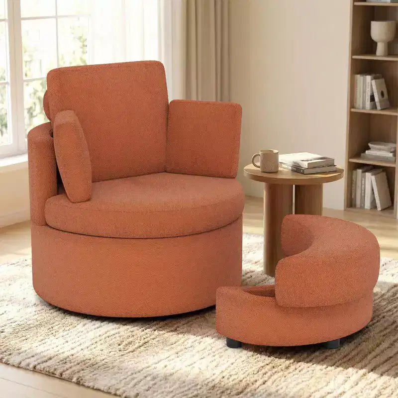 Poltrona a botte girevole in terracotta/bianco con pouf contenitore, per 1
