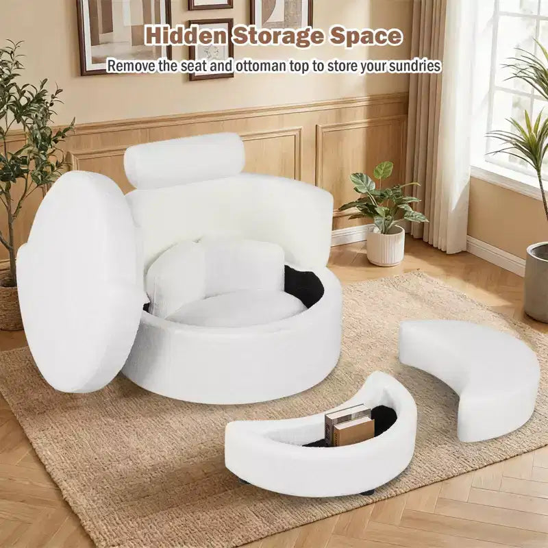 Poltrona a botte girevole in terracotta/bianco con pouf contenitore, per 1