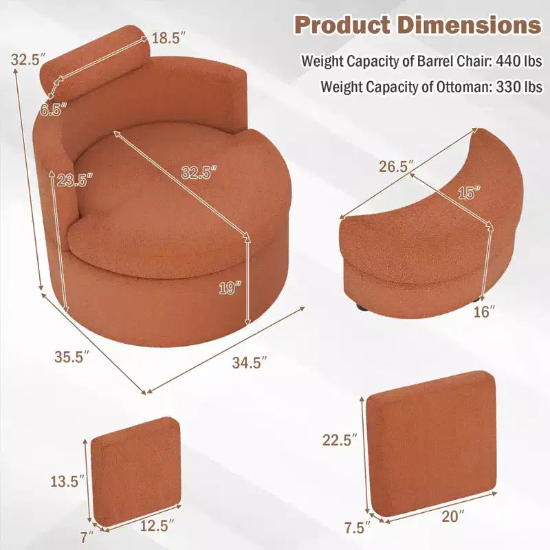 Poltrona a botte girevole in terracotta/bianco con pouf contenitore, per 1