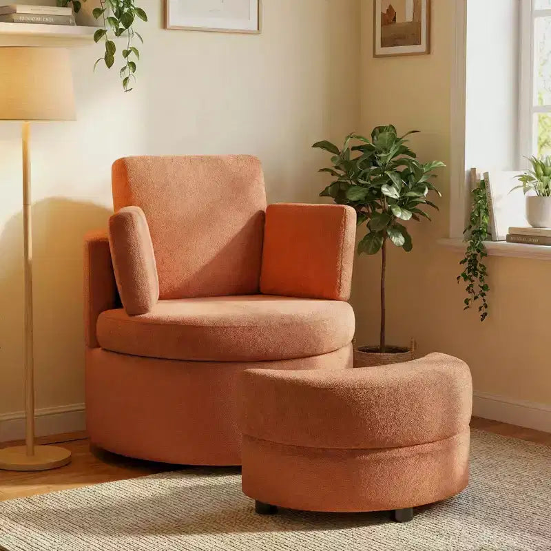 Poltrona a botte girevole in terracotta/bianco con pouf contenitore, per 1