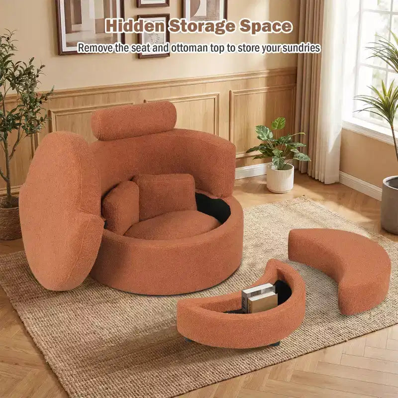 Poltrona a botte girevole in terracotta/bianco con pouf contenitore, per 1