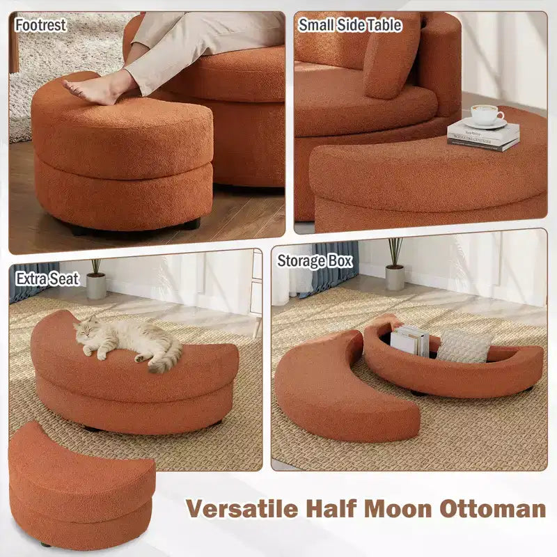 Poltrona a botte girevole in terracotta/bianco con pouf contenitore, per 1