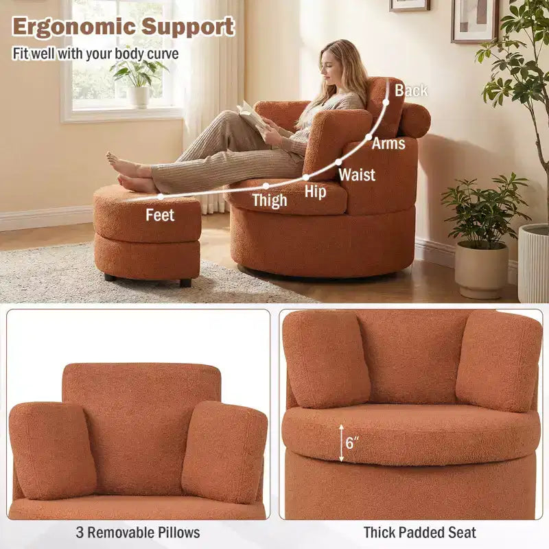 Poltrona a botte girevole in terracotta/bianco con pouf contenitore, per 1