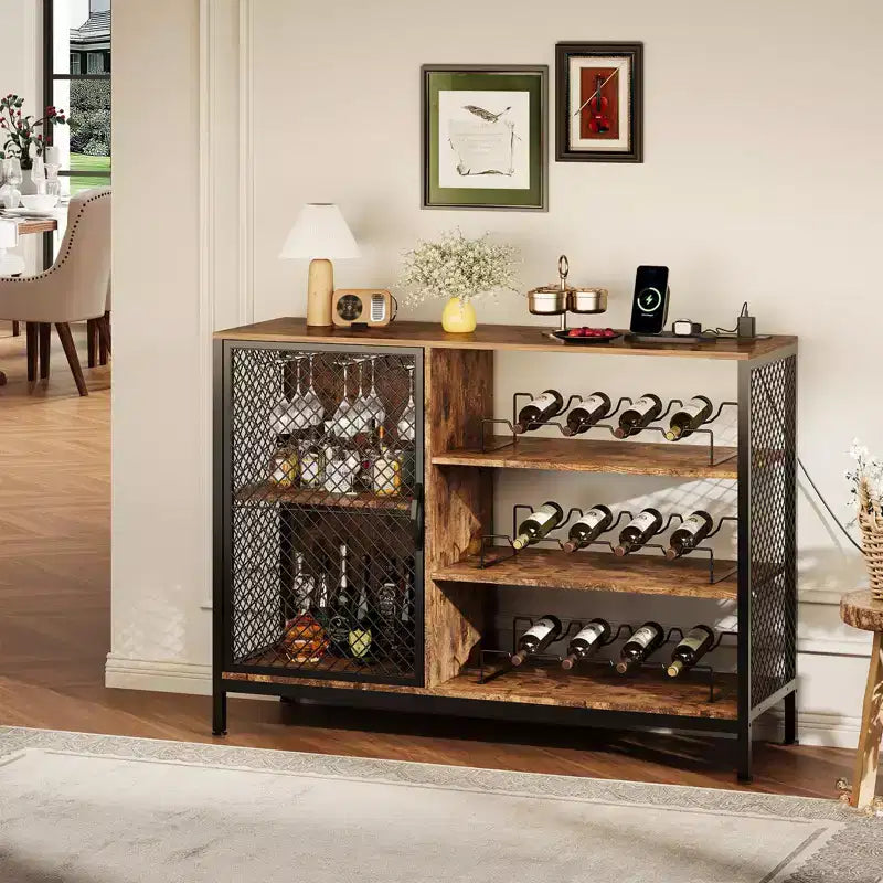 COZONY 42 Industrial Coffee Bar Cabinet with LED Lights, Power Outlets & Glass Storage for Home & Dining Room