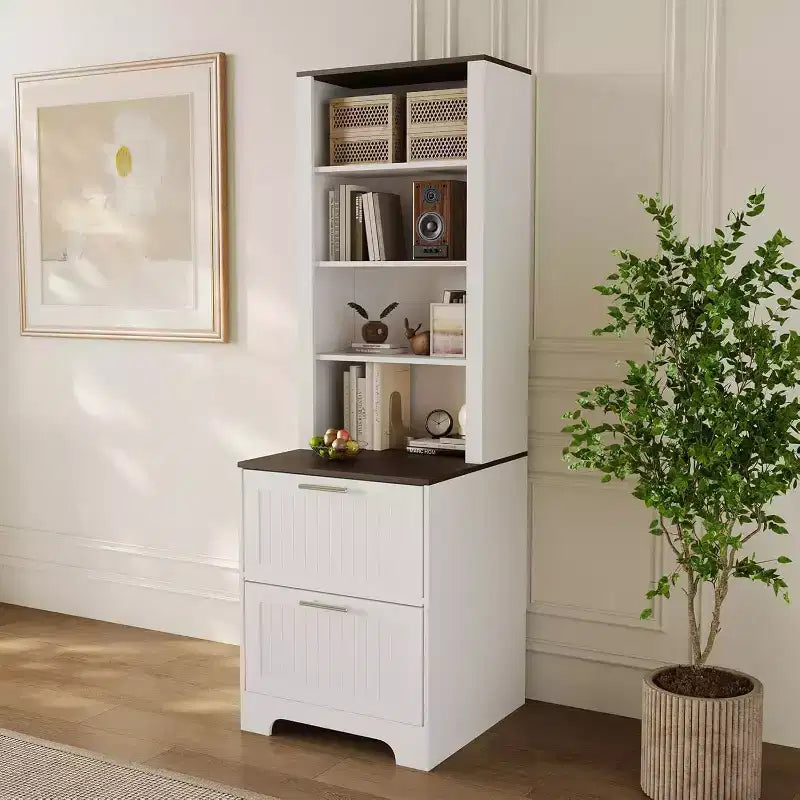 Libreria marrone stile rustico con cassetti per documenti, assemblaggio in 2 persone, 6 ripiani