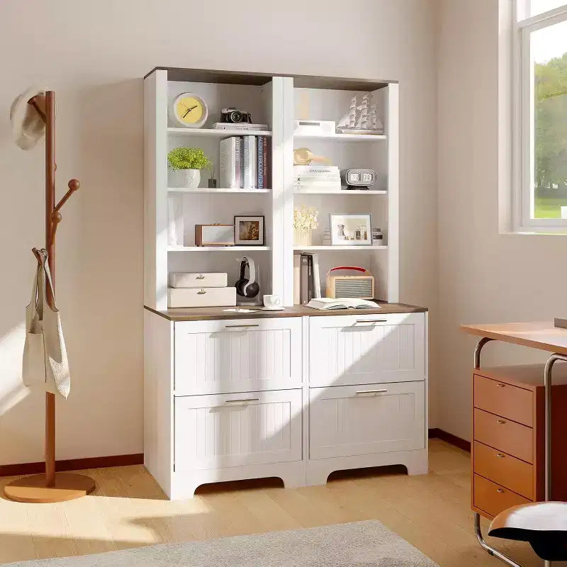 Libreria marrone stile rustico con cassetti per documenti, assemblaggio in 2 persone, 6 ripiani
