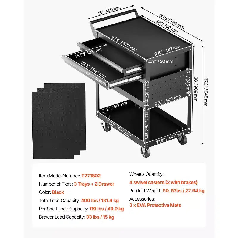Carrello Portautensili a 5 Ripiani con Ruote, Nero, Capacità 181 kg, 1 Persona