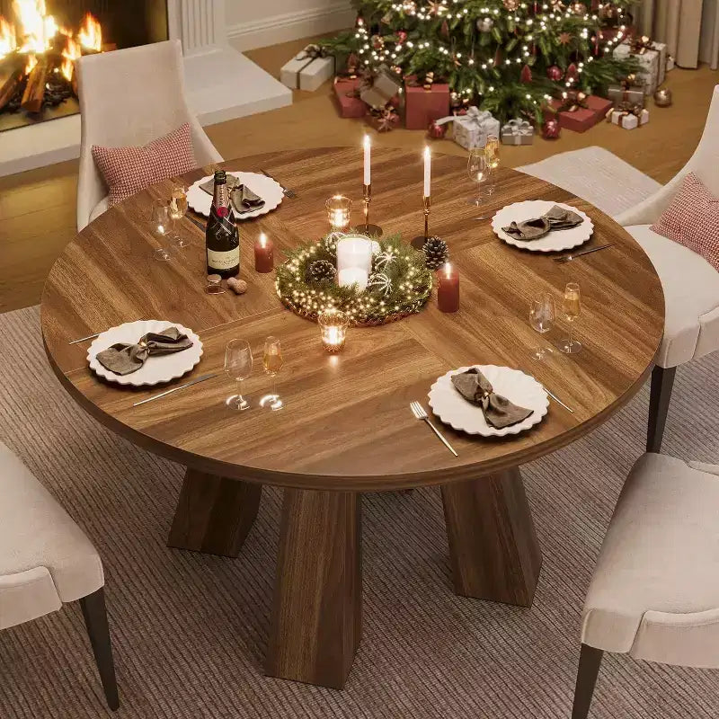 Tavolo da pranzo rotondo, nero/noce, stile rustico, 4 posti a sedere