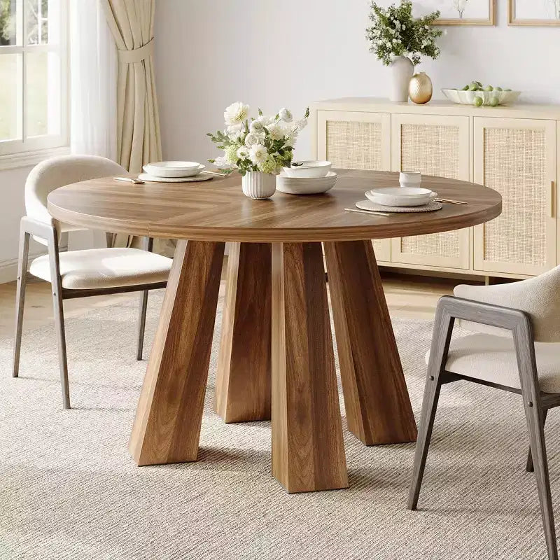 Tavolo da pranzo rotondo, nero/noce, stile rustico, 4 posti a sedere
