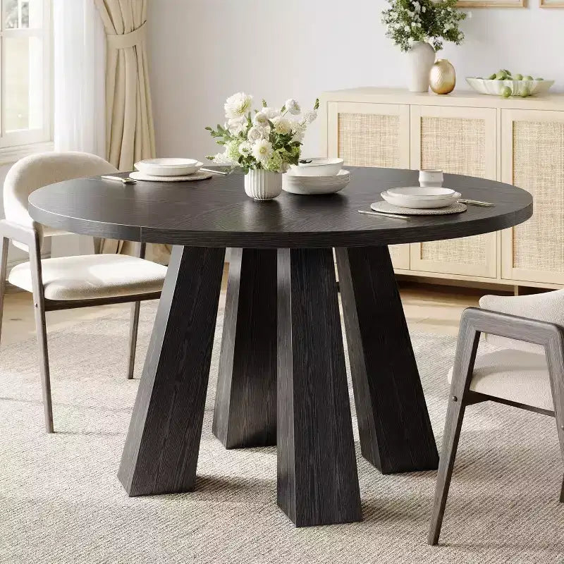 Tavolo da pranzo rotondo, nero/noce, stile rustico, 4 posti a sedere