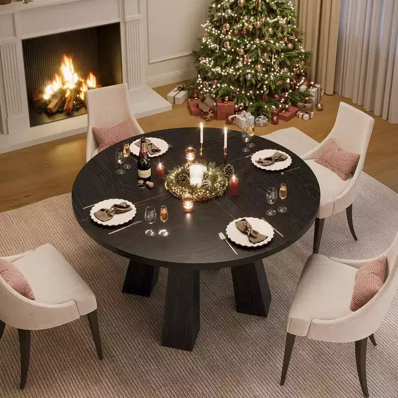 Tavolo da pranzo rotondo, nero/noce, stile rustico, 4 posti a sedere