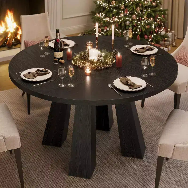Tavolo da pranzo rotondo, nero/noce, stile rustico, 4 posti a sedere