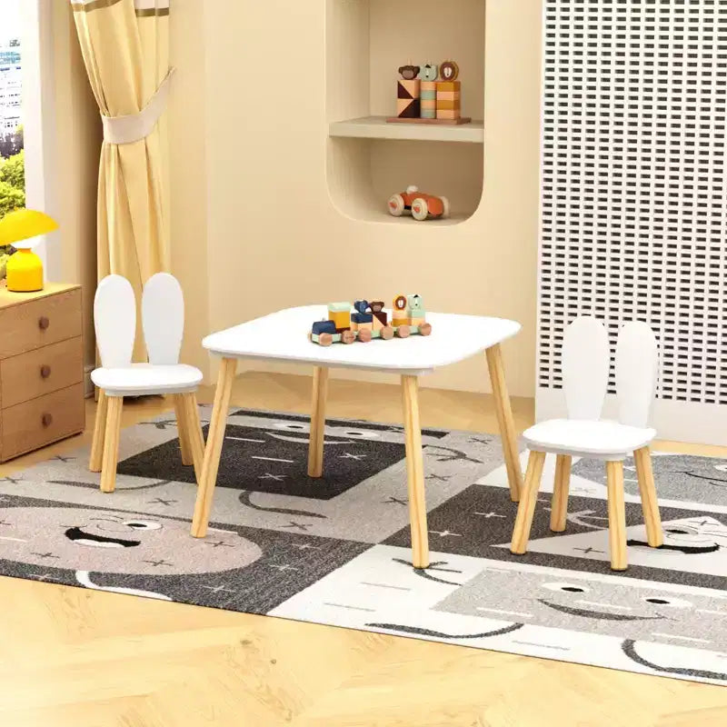 Tavolo quadrato per bambini con orecchie da coniglio bianche e set di 2 sedie, 3 pezzi