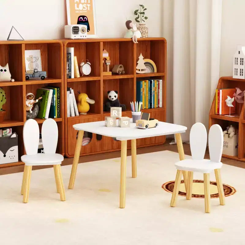 Tavolo quadrato per bambini con orecchie da coniglio bianche e set di 2 sedie, 3 pezzi
