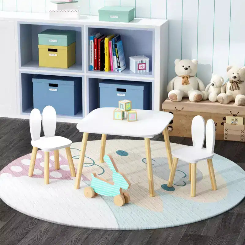 Tavolo quadrato per bambini con orecchie da coniglio bianche e set di 2 sedie, 3 pezzi