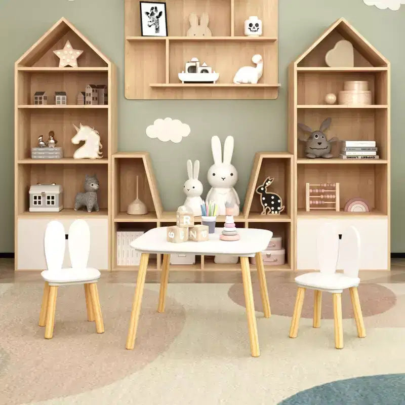 Tavolo quadrato per bambini con orecchie da coniglio bianche e set di 2 sedie, 3 pezzi