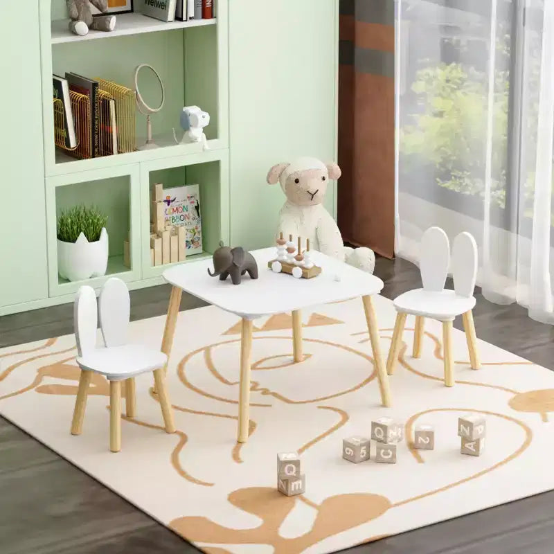 Tavolo quadrato per bambini con orecchie da coniglio bianche e set di 2 sedie, 3 pezzi