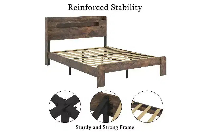 Struttura letto in legno marrone con piattaforma e testiera contenitore con luci a LED, matrimoniale/queen/king, 1–2 persone