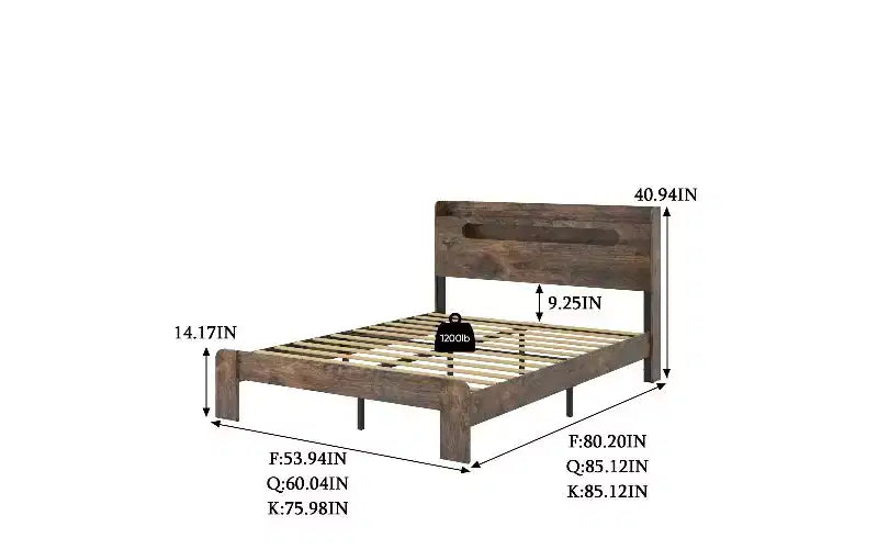 Struttura letto in legno marrone con piattaforma e testiera contenitore con luci a LED, matrimoniale/queen/king, 1–2 persone