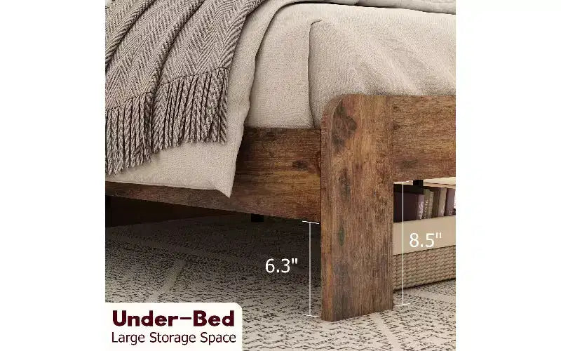Struttura letto in legno marrone con piattaforma e testiera contenitore con luci a LED, matrimoniale/queen/king, 1–2 persone