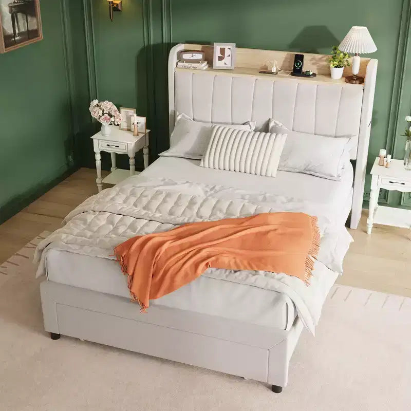 Bed Frame with Storage Headboard, Wooden Full Bed Frame with Charging Station, Metal Platform Bed Frame with Large Drawers, No Box Spring Needed
