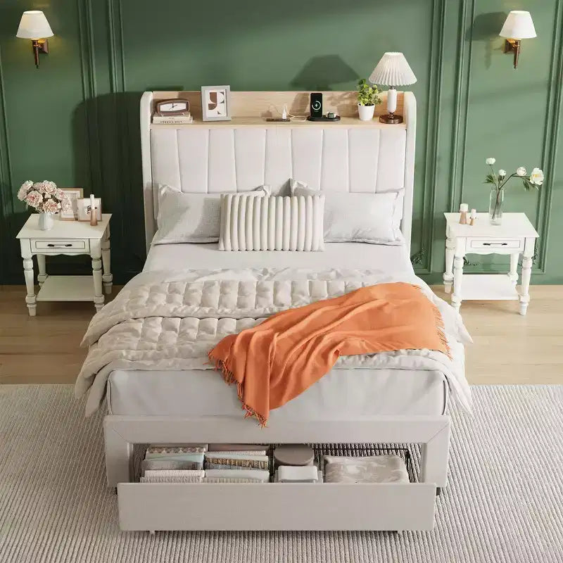 Letto a Piattaforma Imbottito in Lino Beige con Testiera Contenitore e Stazione di Ricarica, Matrimoniale/Queen, 1 Persona
