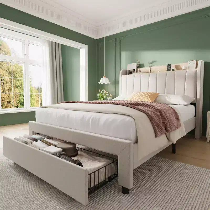 Letto a Piattaforma Imbottito in Lino Beige con Testiera Contenitore e Stazione di Ricarica, Matrimoniale/Queen, 1 Persona