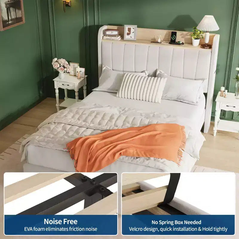 Letto a Piattaforma Imbottito in Lino Beige con Testiera Contenitore e Stazione di Ricarica, Matrimoniale/Queen, 1 Persona