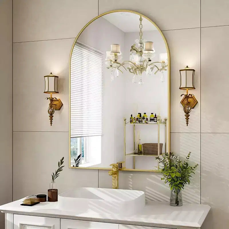 Specchio da parete ad arco 20"x30", nero/oro/argento, struttura moderna in metallo, singolo