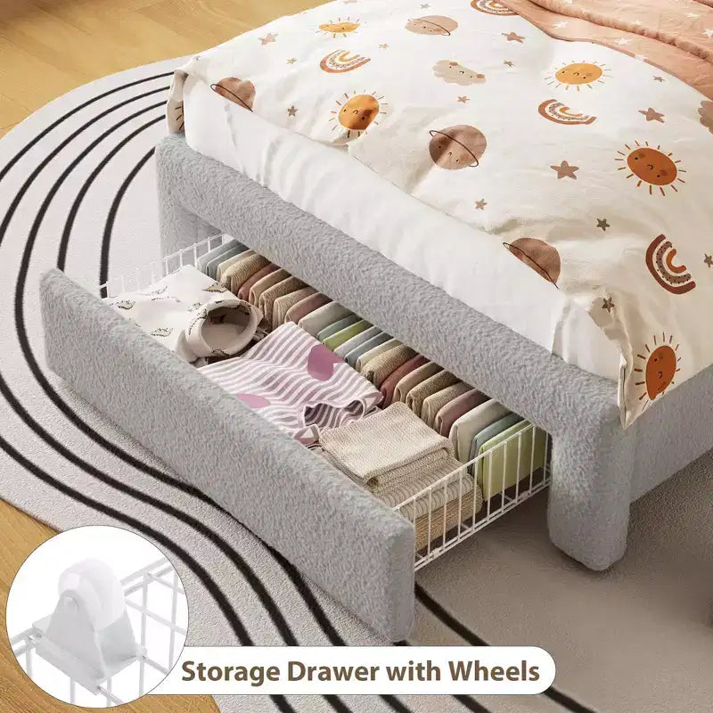 Letto matrimoniale imbottito beige/grigio/rosa con testiera LED, vano contenitore e cassetto – 1 persona