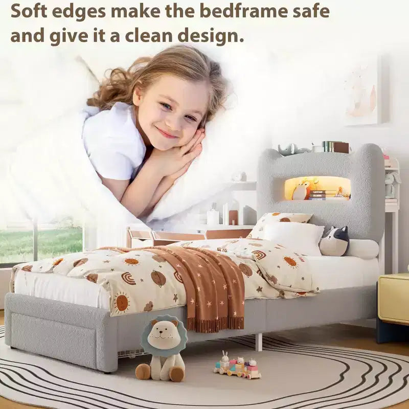 Letto matrimoniale imbottito beige/grigio/rosa con testiera LED, vano contenitore e cassetto – 1 persona
