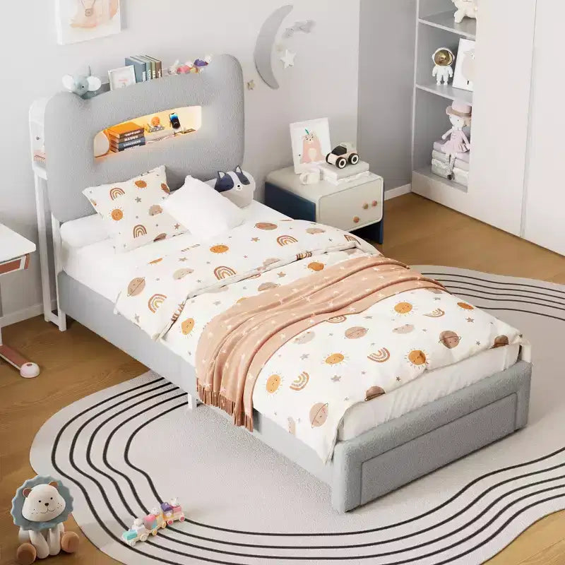 Letto matrimoniale imbottito beige/grigio/rosa con testiera LED, vano contenitore e cassetto – 1 persona