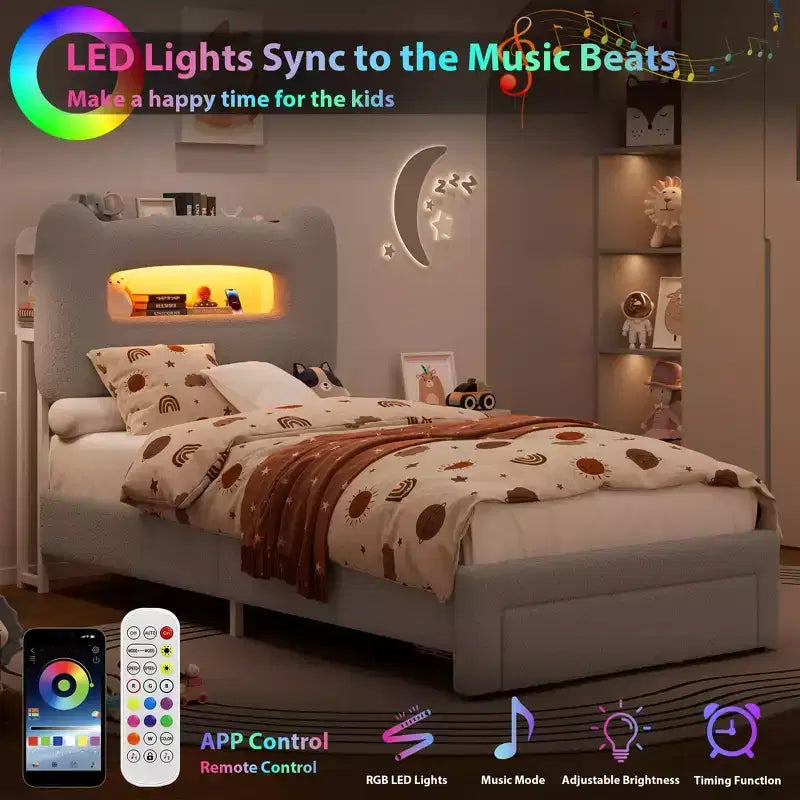 Letto matrimoniale imbottito beige/grigio/rosa con testiera LED, vano contenitore e cassetto – 1 persona