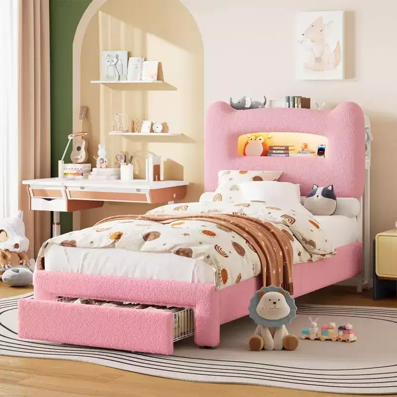 Letto matrimoniale imbottito beige/grigio/rosa con testiera LED, vano contenitore e cassetto – 1 persona