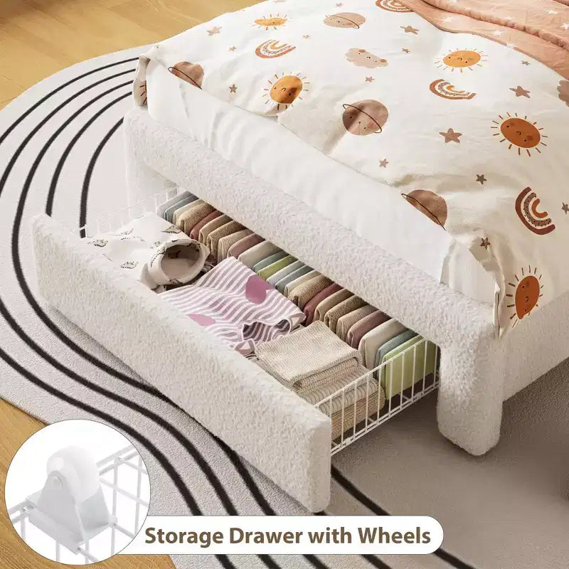Letto matrimoniale imbottito beige/grigio/rosa con testiera LED, vano contenitore e cassetto – 1 persona