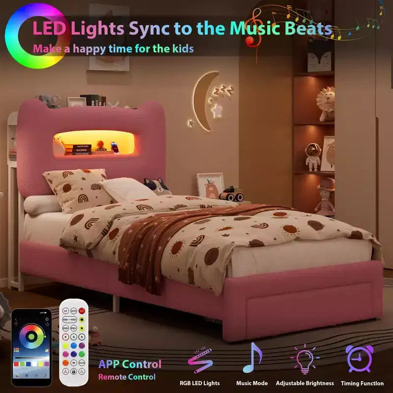 Letto matrimoniale imbottito beige/grigio/rosa con testiera LED, vano contenitore e cassetto – 1 persona