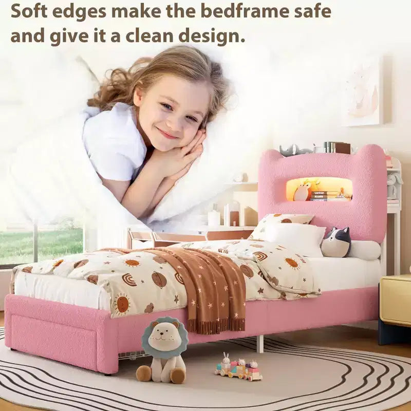 Letto matrimoniale imbottito beige/grigio/rosa con testiera LED, vano contenitore e cassetto – 1 persona