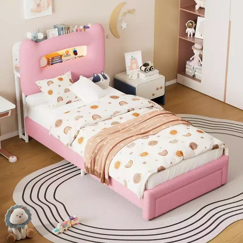 Letto matrimoniale imbottito beige/grigio/rosa con testiera LED, vano contenitore e cassetto – 1 persona
