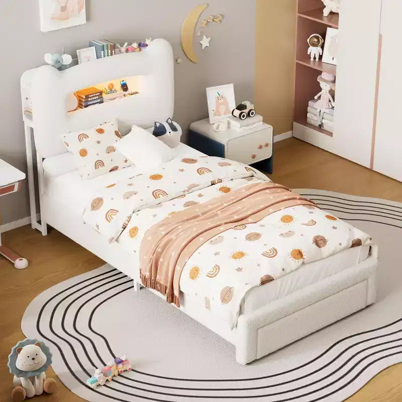 Letto matrimoniale imbottito beige/grigio/rosa con testiera LED, vano contenitore e cassetto – 1 persona