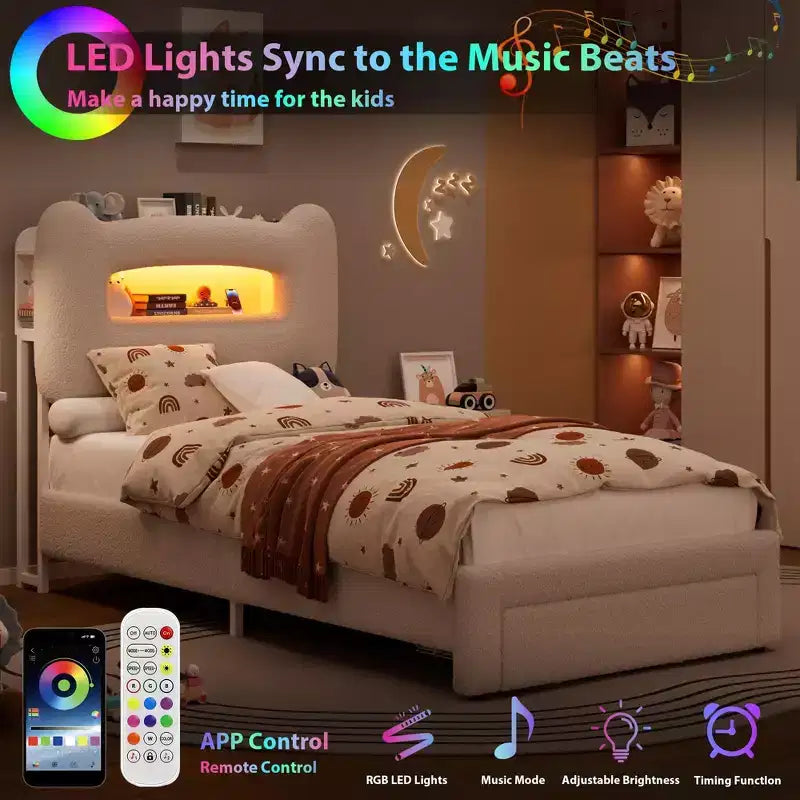 Letto matrimoniale imbottito beige/grigio/rosa con testiera LED, vano contenitore e cassetto – 1 persona