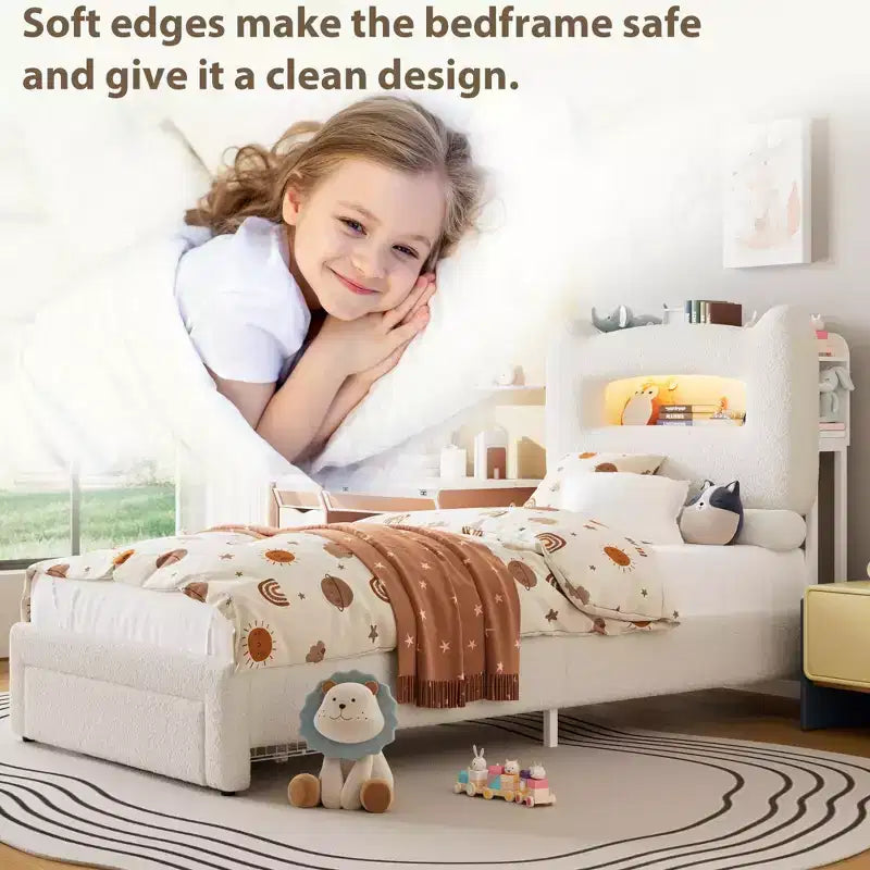 Letto matrimoniale imbottito beige/grigio/rosa con testiera LED, vano contenitore e cassetto – 1 persona