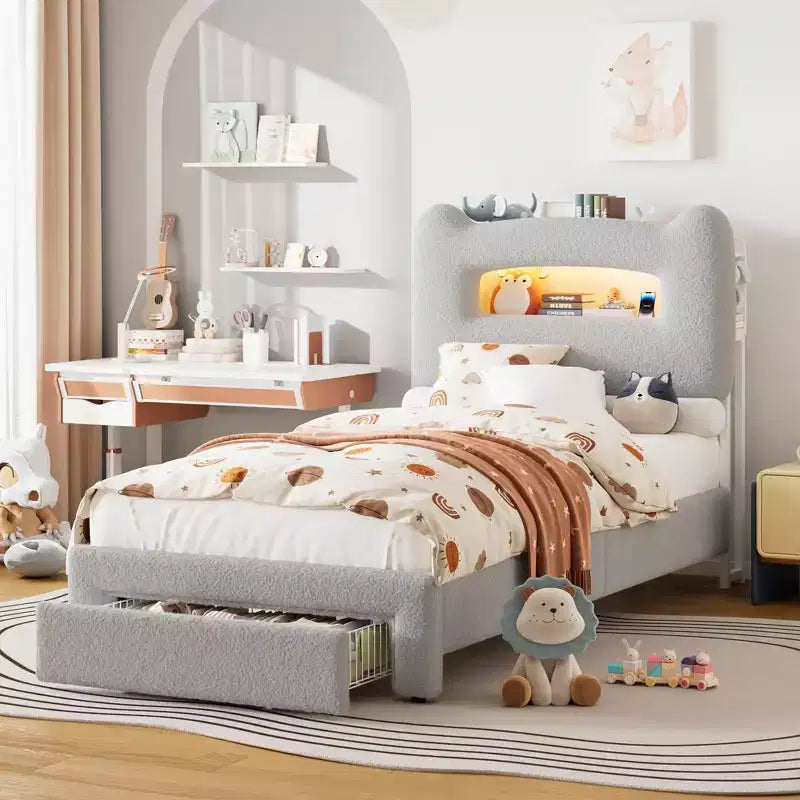 Letto matrimoniale imbottito beige/grigio/rosa con testiera LED, vano contenitore e cassetto – 1 persona
