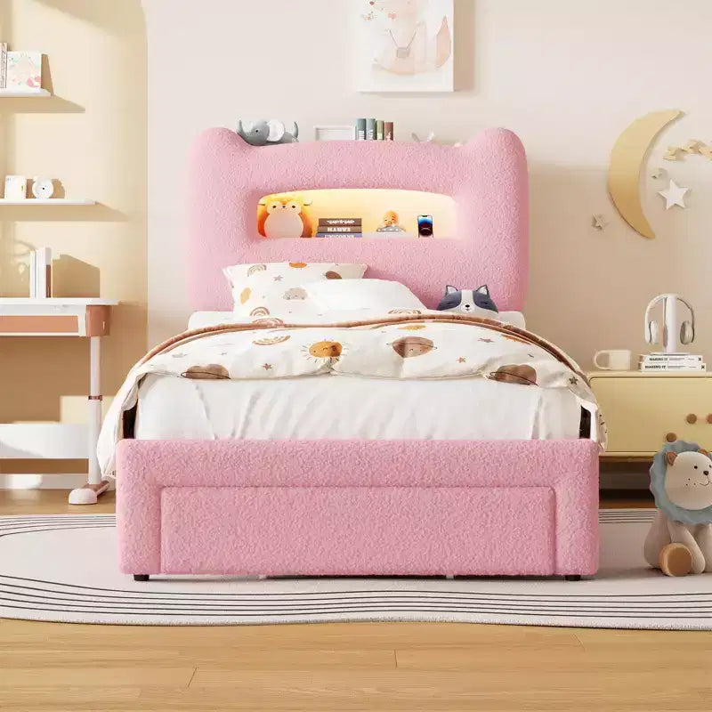 Letto matrimoniale imbottito beige/grigio/rosa con testiera LED, vano contenitore e cassetto – 1 persona