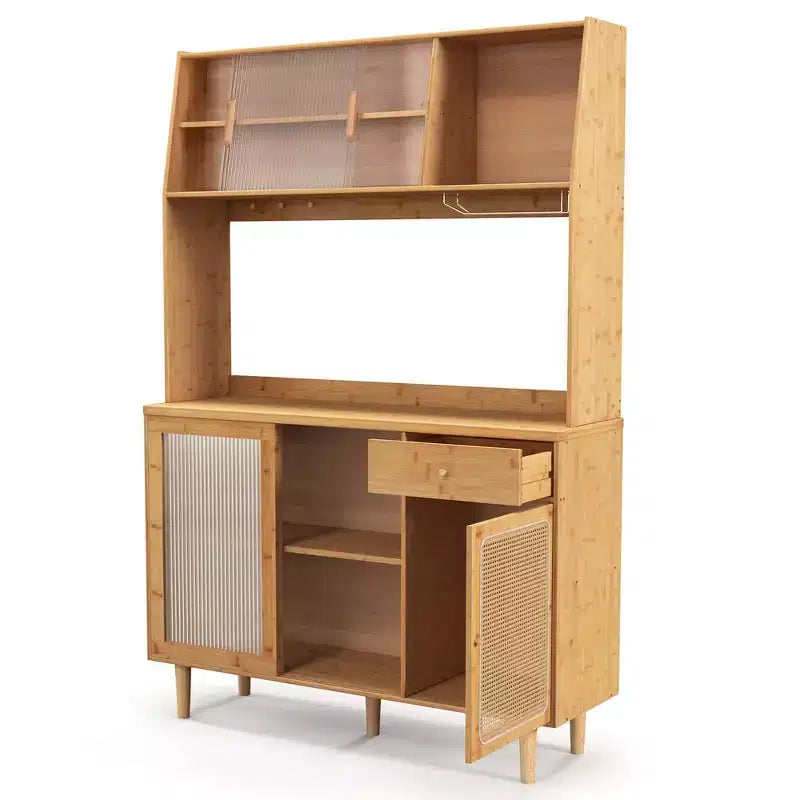 Madia credenza in bambù naturale con ante scorrevoli in rattan – Montaggio per 1 persona