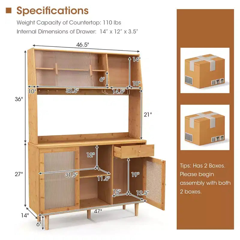 Madia credenza in bambù naturale con ante scorrevoli in rattan – Montaggio per 1 persona