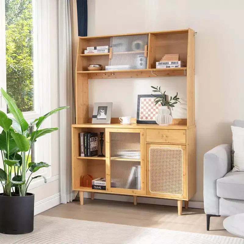 Madia credenza in bambù naturale con ante scorrevoli in rattan – Montaggio per 1 persona