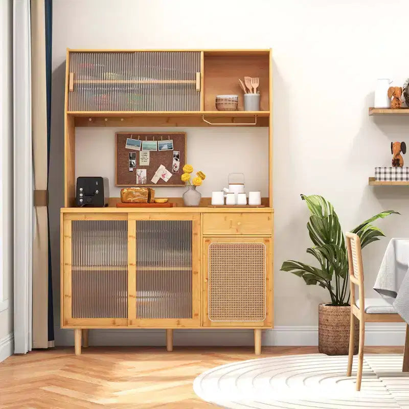 Madia credenza in bambù naturale con ante scorrevoli in rattan – Montaggio per 1 persona