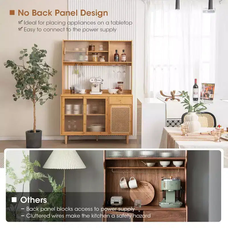 Madia credenza in bambù naturale con ante scorrevoli in rattan – Montaggio per 1 persona