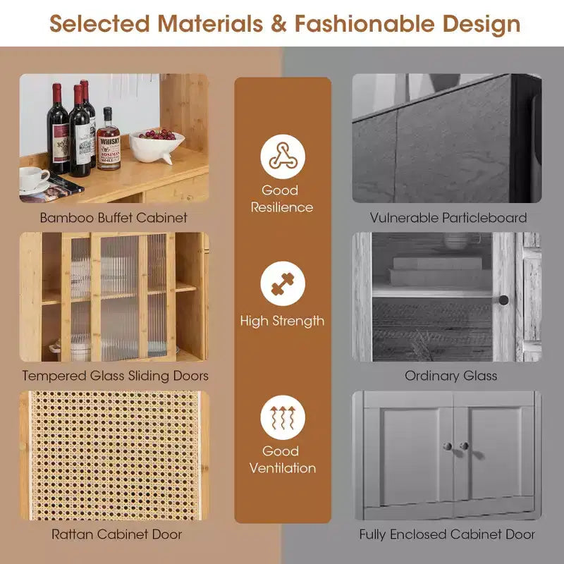Madia credenza in bambù naturale con ante scorrevoli in rattan – Montaggio per 1 persona