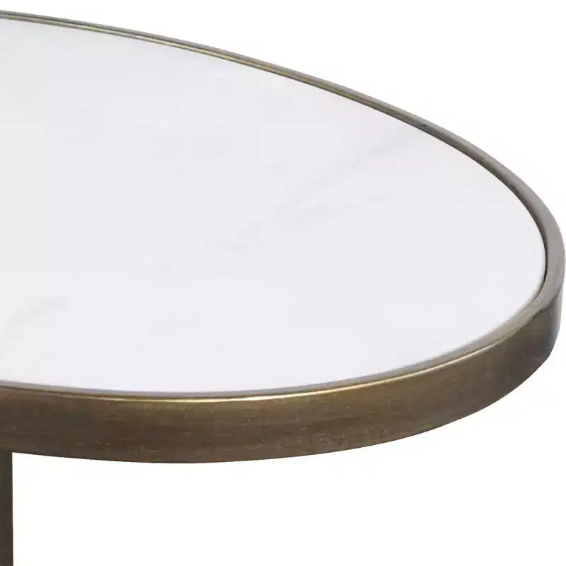 Tavolino Ovale d'Appoggio con Piano in Marmo Bianco, Oro Antico, 1 Pezzo